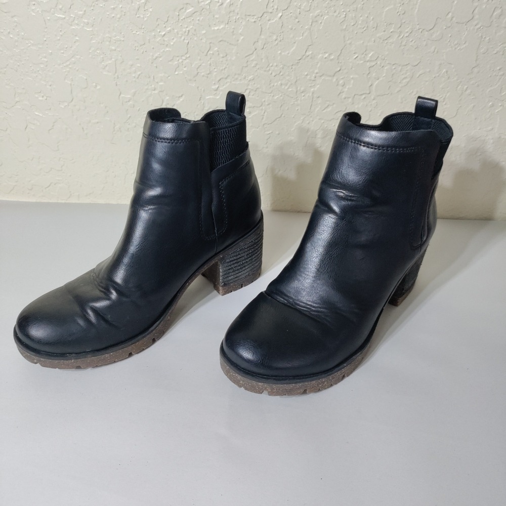 Kork-Ease‎ Womens Black Leather Ankle Boots Lug Sole Block Heel Chelsea Booties